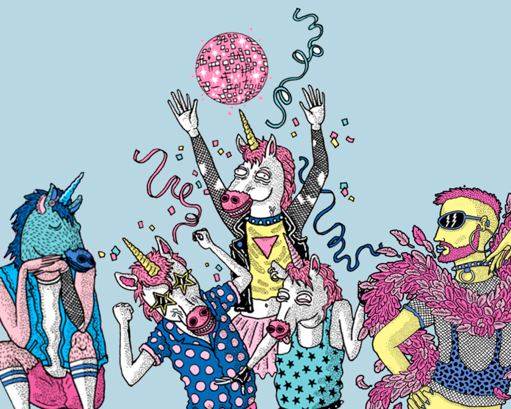Il·lustració acolorida d'un grup de figures antropomòrfiques amb caps d'unicorn ballant i celebrant en un ambient festiu. Cada personatge té una aparença única, amb roba vistosa, ulleres estrellades, accessoris extravagants i expressions alegres. Una bola de discoteca brilla a la part superior, mentre confeti i serpentines omplen l'escena sobre un fons blau clar